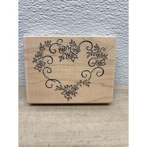 2012 Denami Design Heart Wreath Roses Wood Mounted Rubber Stamp